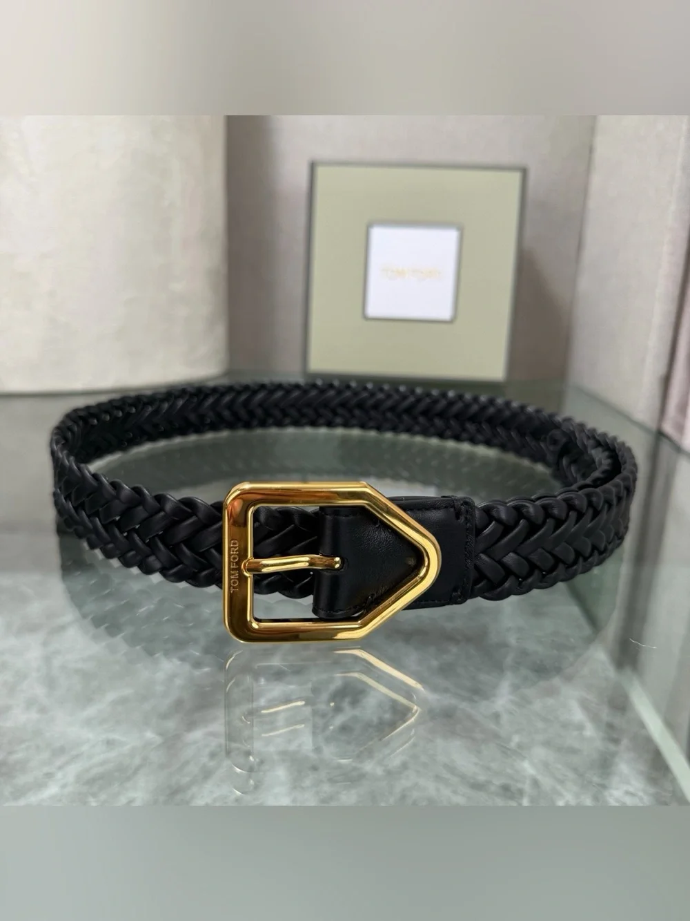 Tom Ford Black Braided Leather Belt with Gold Buckle Accent